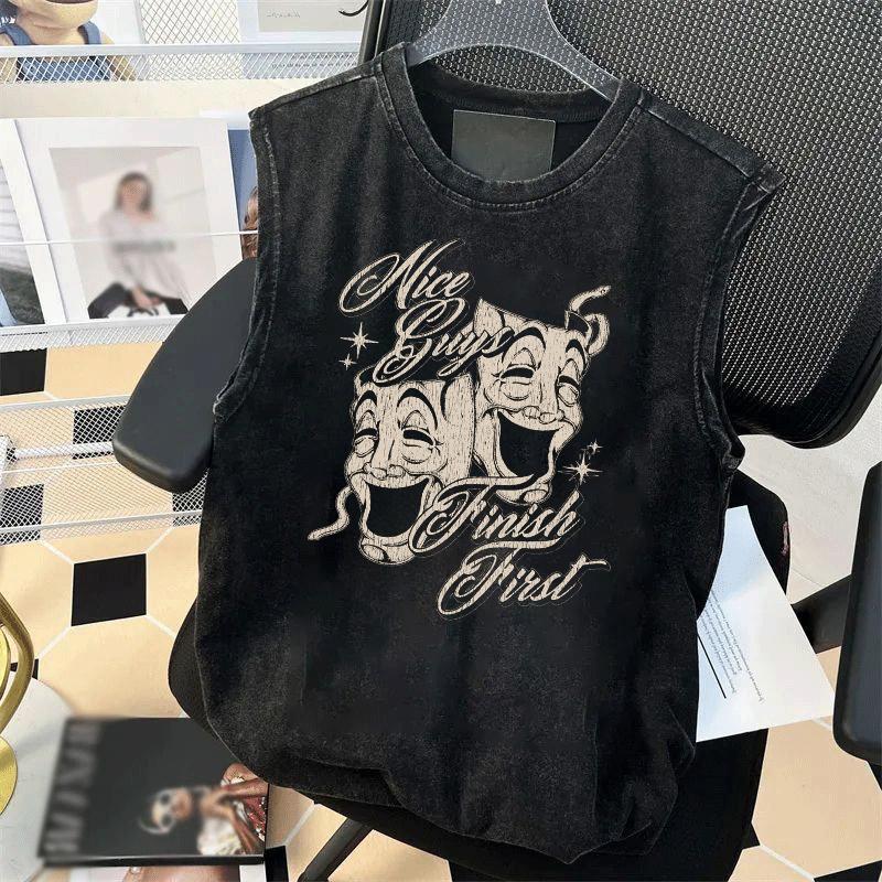 Heavy Pure Cotton Sleeveless T-shirt Men's Summer Large Size Loose Retro Ruffian Handsome Dark Wind Washed Old Vest