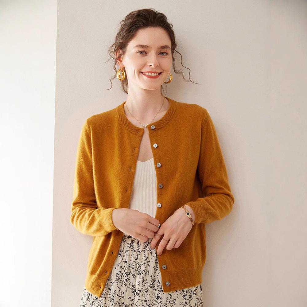 Women's Solid Color Cashmere Cardigan: Twelve-Needle, Round Neck, Loose, Single-Breasted, Slimming, Warm Sweater.