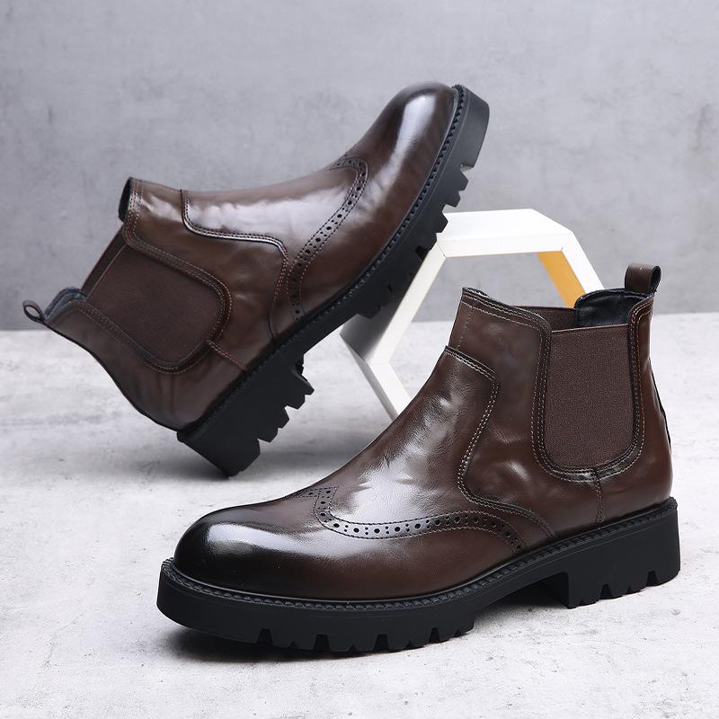 Fashion 2025 New Brock Carved Business Leather Boots for Men Fashion Casual Autumn Winter Ankle Boot Male Solid Color Platform Shoes Man