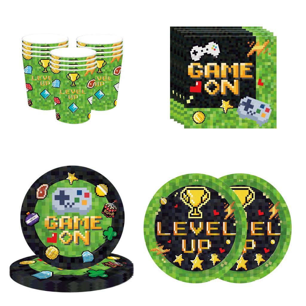 

Pixel Game Party Disposable Tableware Set Boys Game On Party Supplies Game Handle Plates Napkins Happy Game Birthday Party Decor