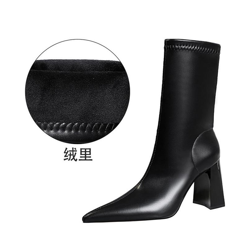 Fashion Fashion Simple Warm Mid-Calf Chunky Block Heels Women Boots Pointed High-Heeled Pu Leather Slimming Boots Autumn Winter