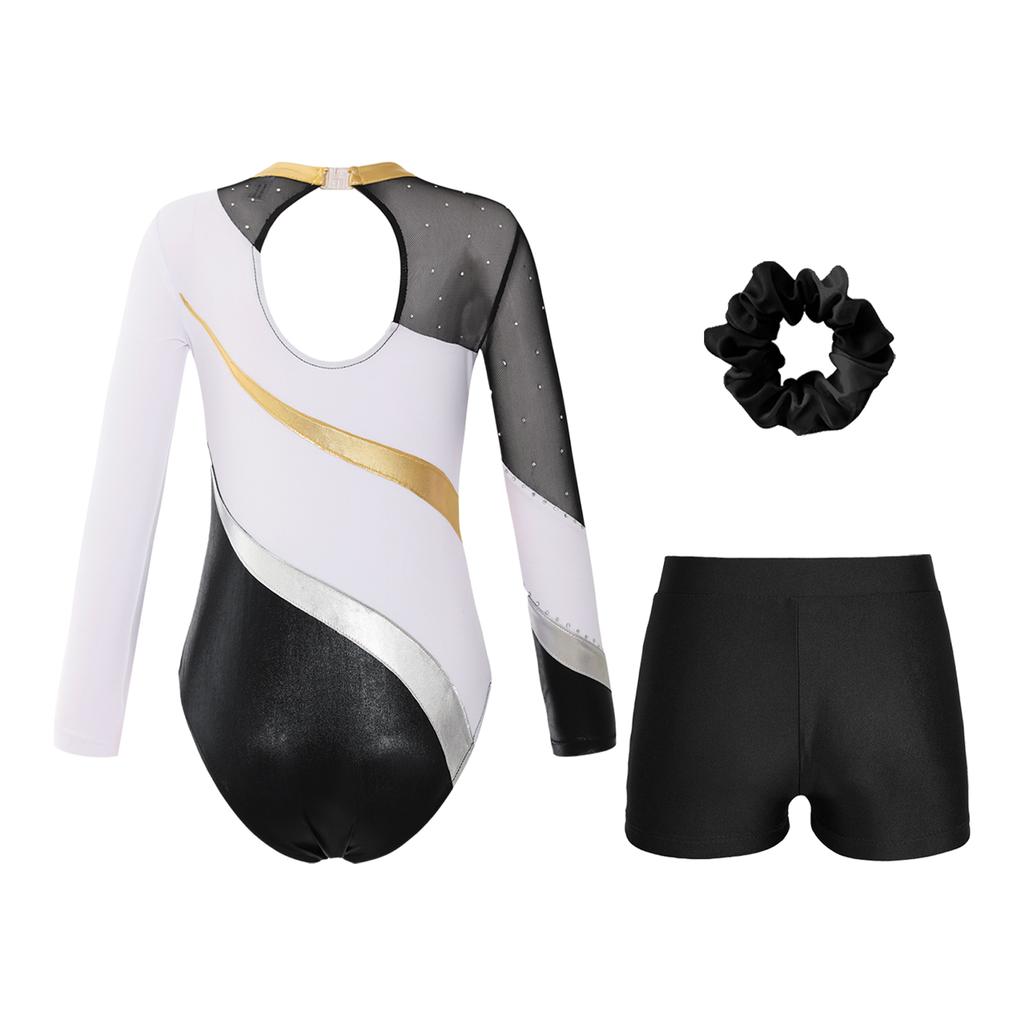 Girls Gymnastics Outfit Long Sleeve Rhinestone Leotard Cutout Back Patchwork Design with Waistband Shorts