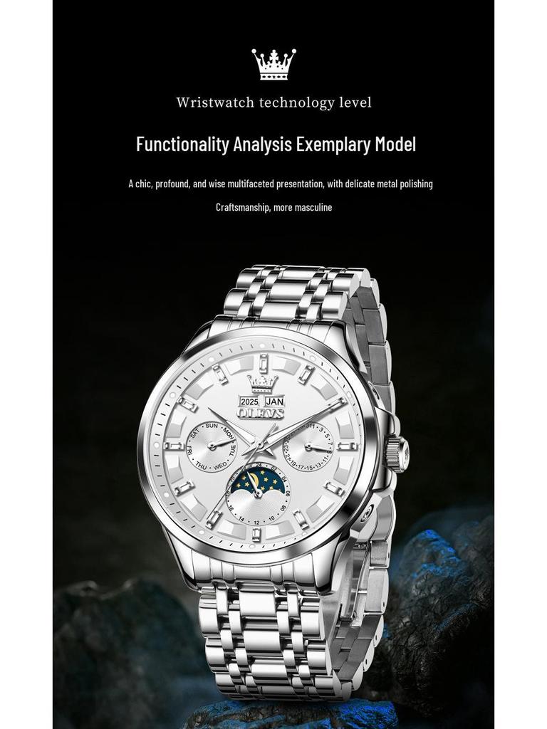 Oulishi Multifunktionale Automatische Wasserdichte Herrenuhr mit Ewigem Kalender
