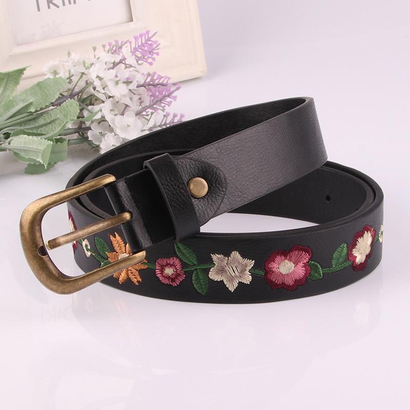 Classic Embroidery Womens Faux Leather Waist Belt With Metal Pin Buckle For Ethnic Style Attire