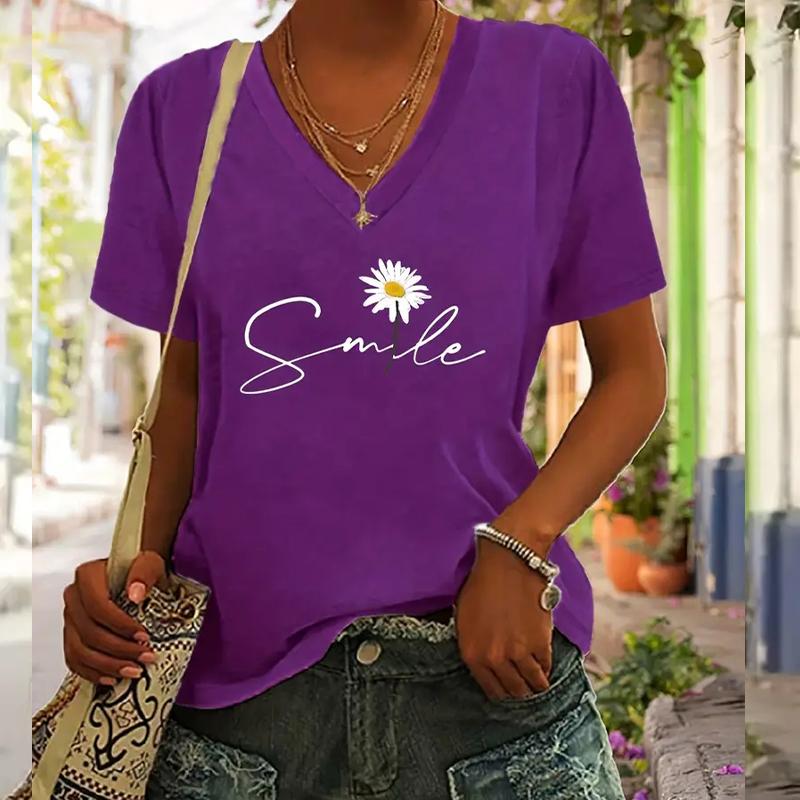 

Fashion Smile Flowers Painting Blouses Short Sleeved V-Neck T Shirts Casual XS фіолетовий