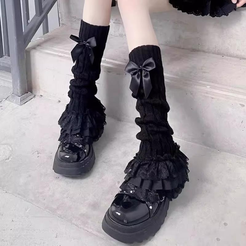 Lolita Leg Warmers For Women Ruffled Lace Kawaii Calf Leg Covers Jk Uniform Bowknot Knit Boot Cuffs Sweet Girls Gothic
