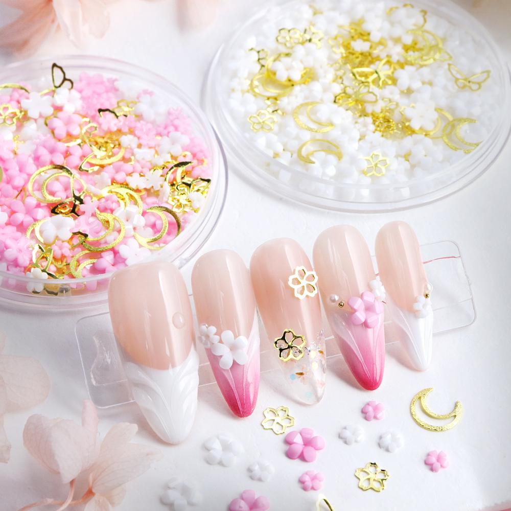 1box Luxury Pink White 3D Mini Acrylic Flower Rivet Nail Art Charms Mixed Metal Flower Butterfly Nails Decoration Accessories