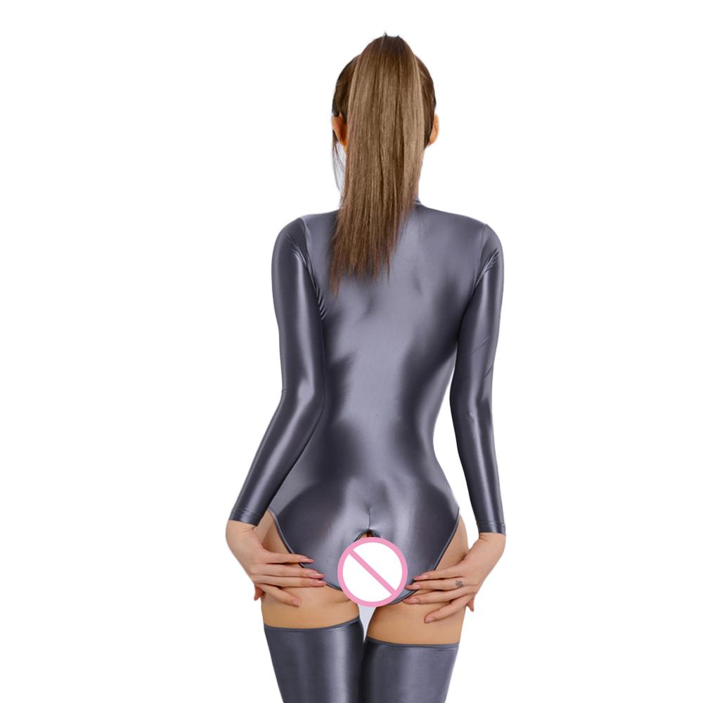 Women Stain Smooth Bodysuit One Pieces Thong Two Way Zipper Open Crotch Elastic Tights Oil Shiny Yoga Shaping Maid Leotard