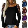 Womens Boat Neck Long Sleeve Top With Hollow Out Rhinestone Sleeve Casual Solid Color Blouse