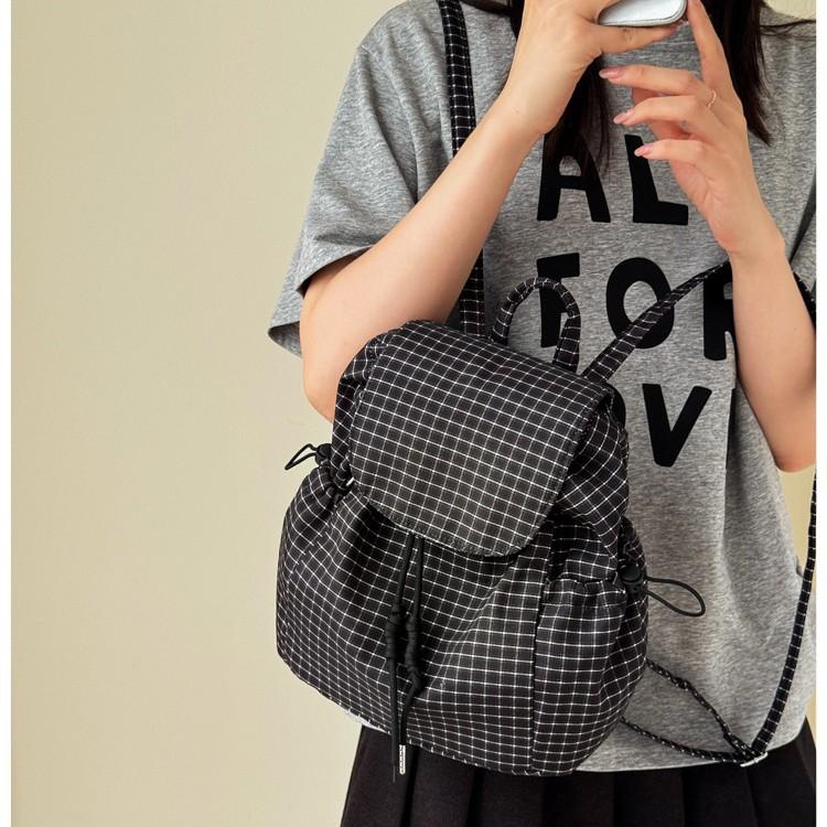 Schoolbag Korean ins Lightweight Nylon Plaid Backpack 1011 New Large Capacity Lazy Wind Versatile Drawstring Small School Bag