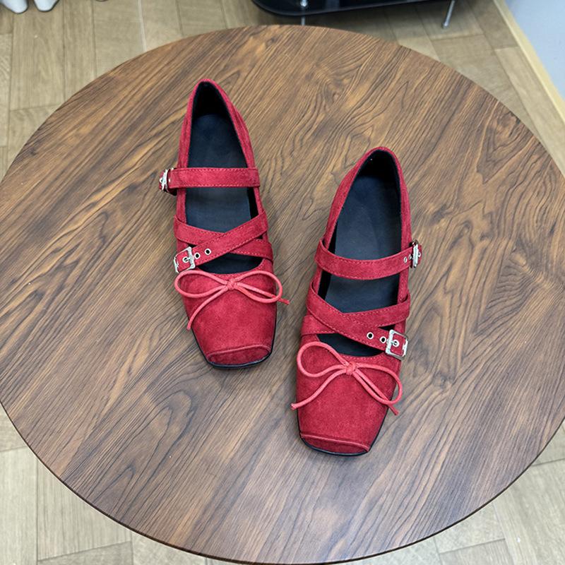 

Кожаная версия 6 см внутреннее увеличение высоты квадратный носок бант пряжка ремня туфли-лодочки с неглубоким вырезом женские балетки на мягкой подошве 40 красный