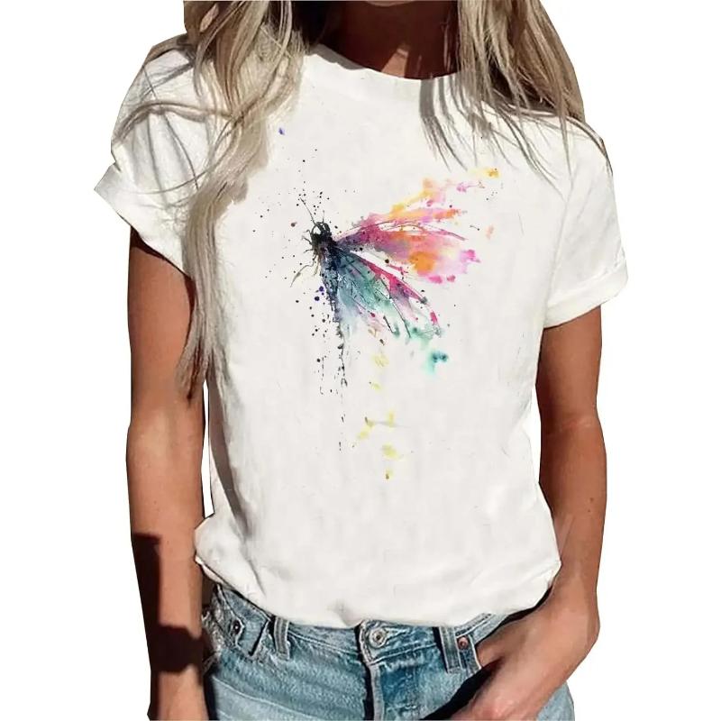 Women  Flower Graphic Tees Tops O-neck Short Sleeve Casual  Printed  Printed T-shirt Tops Streetwear Fresh and Fashionable