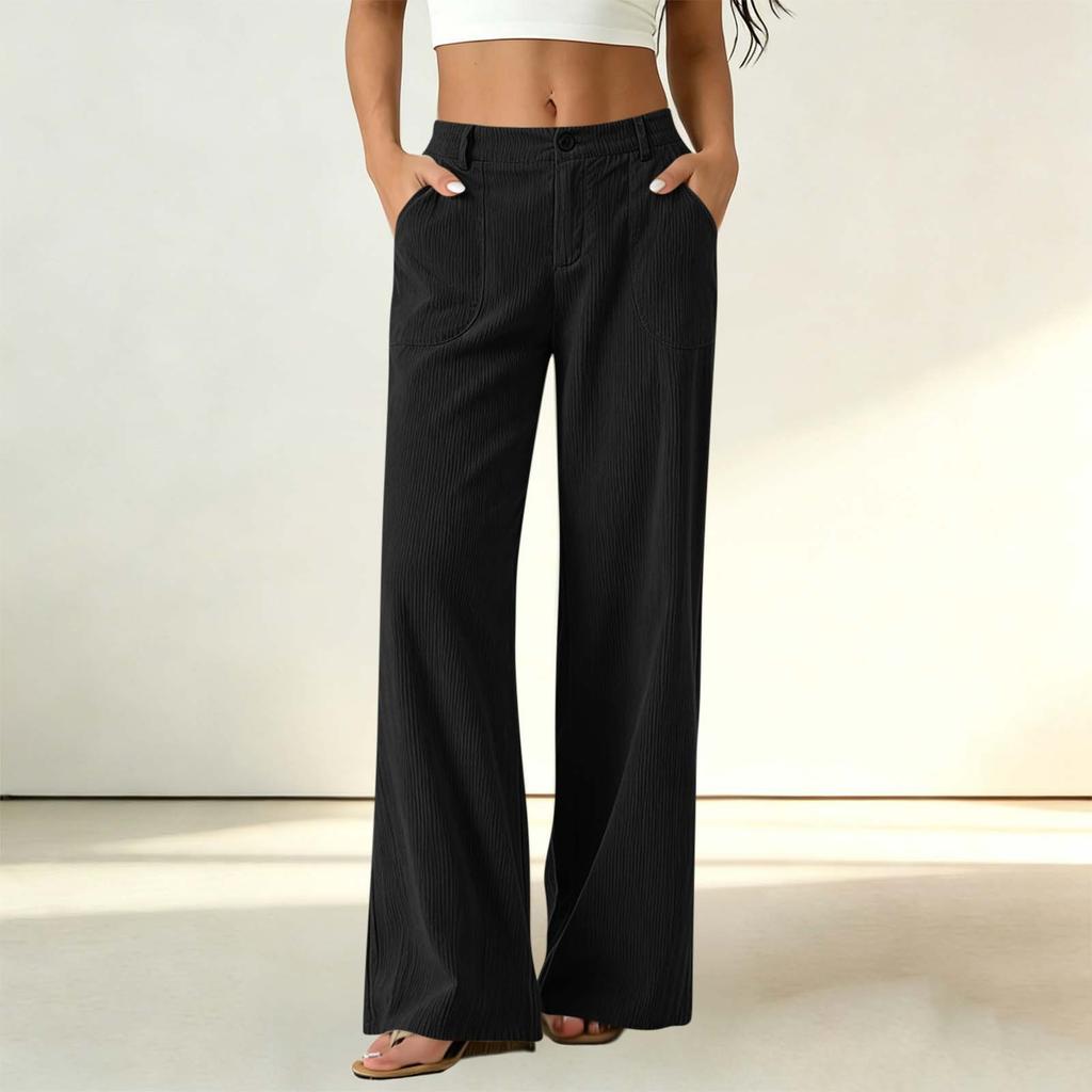 Women's Corduroy Dress Pants with Elastic Waist and Single Button Closure, Color Work Trousers