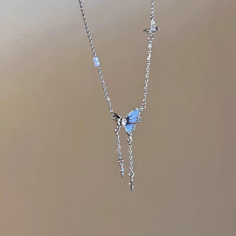 

Сине-серый жемчужный титановый кулон-чокер с кисточкой-бабочкой - Женский элегантный сказочный чокер для ключицы