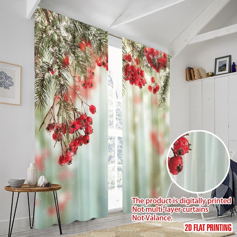 2 Stück, 2D-Flachdruckmuster Vorhänge Immergrüne Tannenzweige Rote Reife Stechpalmenbeeren 100% Polyester (ohne Stange) Urlaubsnutzung