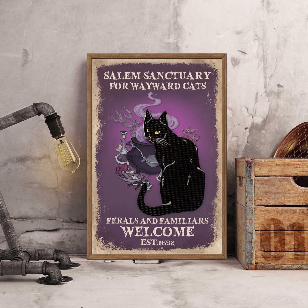 Retro Metal Tin Sign Sanctuary for Wayward Cats Ferals and Familiars Welcome Poster Black Witch Vintagealuminum