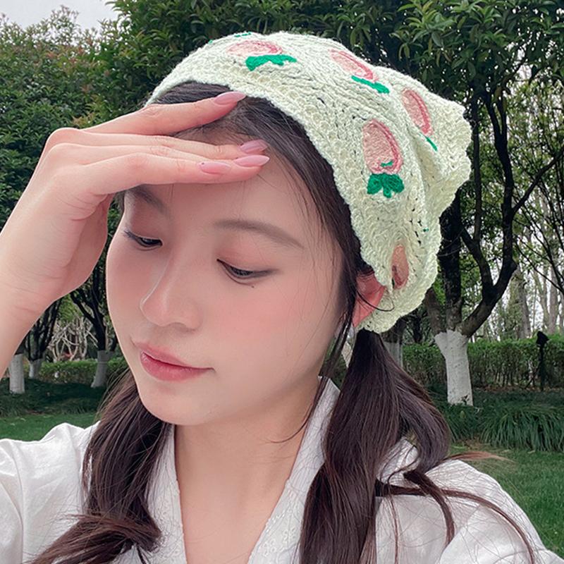 Sweet Cute Strawberry Cherry Handmade Crochet Hollow Triangle Headband Towel Women Spring Summer Travel Photo Hair Scarf