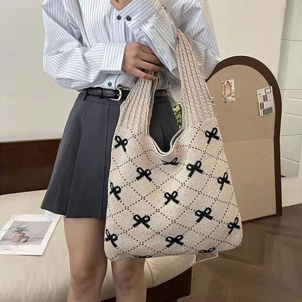 Soft Bow Knitting Shoulder Bag Sweet Casual Woven Handbag Elegant Beach Bag Vacation