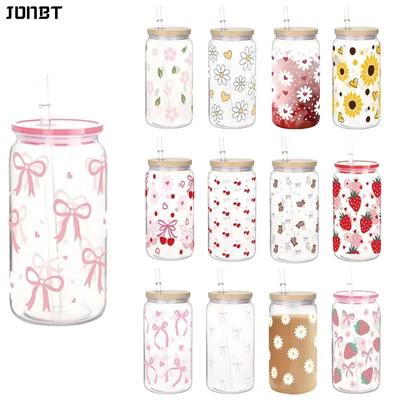16oz Cute Bow Flower Plastic Water Bottles For Girls Transparent Wooden Lid Straw Cup Ice Coffee Juice Mug Drinkware for Parties