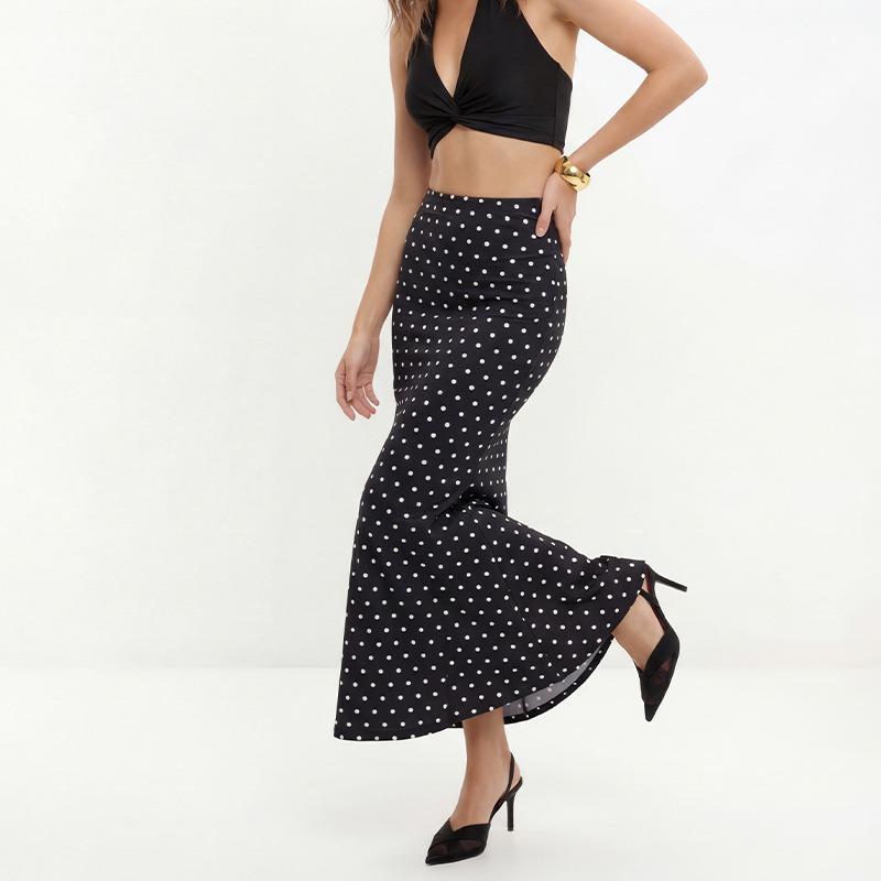 Women High Waist Polka Dot Mermaid Maxi Skirt Slim Fit Elegant Long Skirt