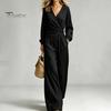 Casual Women Outfit Women's Long Sleeve 2 Piece Sets, Irregular Hem V Neck Top Comfortable And Wide Leg Pants Matching Travel Vacation Outfits