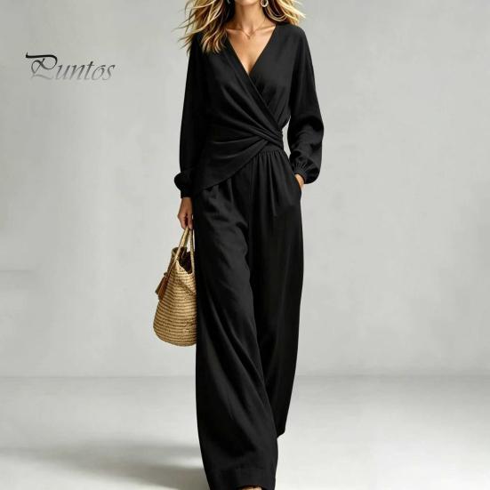 Casual Women Outfit Women's Long Sleeve 2 Piece Sets, Irregular Hem V Neck Top Comfortable And Wide Leg Pants Matching Travel Vacation Outfits