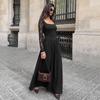 Autumn New European and American Women's Clothing French Elegance Temperament Square Neck Lace Splicing Long-sleeved Dress