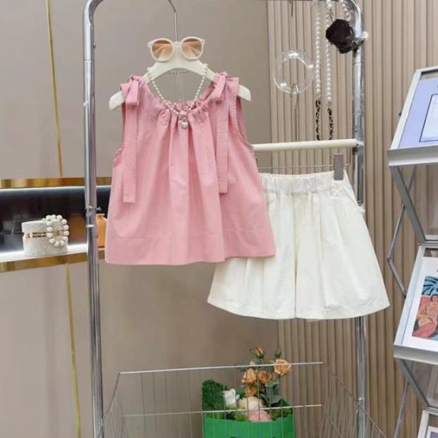 

Летний комплект для девочек Модный летний комплект без рукавов для детей Корейские шорты Комплект из двух предметов 170 розовый