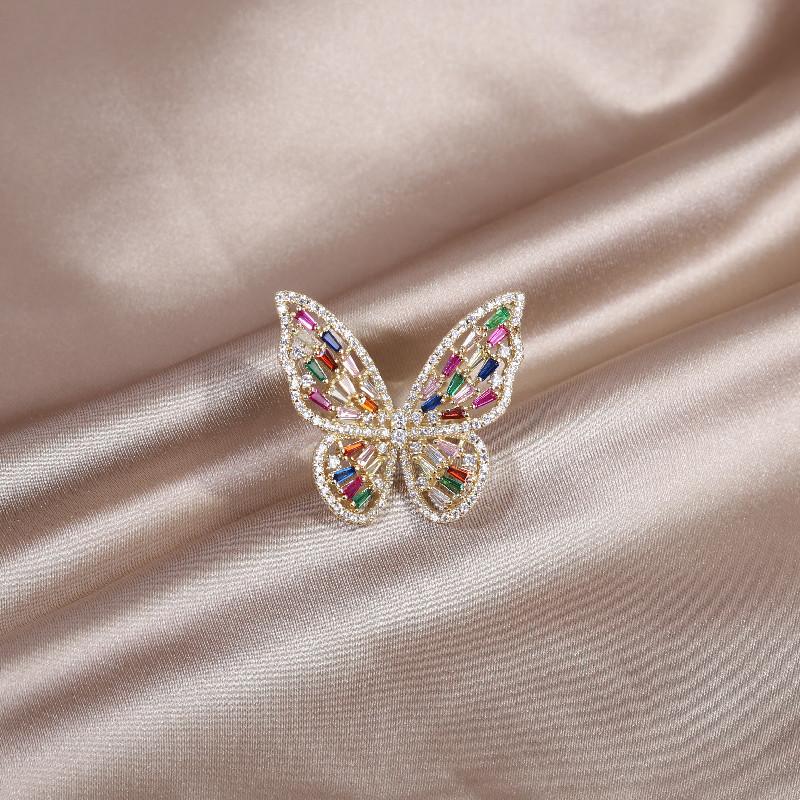 14K Real Gold Plating Korean New Design Fashion Exaggerated Butterfly Color Zircon Ring Luxury Women's Prom Party Accessories