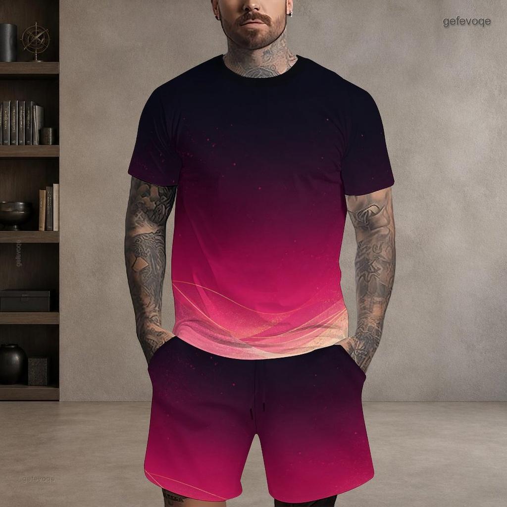 Herren Plus Size Rotes Schwarzes Bedrucktes Rundhals-Kurzarm-Oberteil Mit Taschen Zweiteiliges Shorts-Set