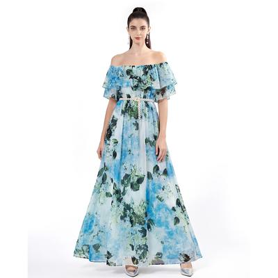 Fashion Designer Floral Printing Slash Neck A-line Maxi Long Dresses Women Summer Butterfly Sleeve Beaded Party Night Dresses