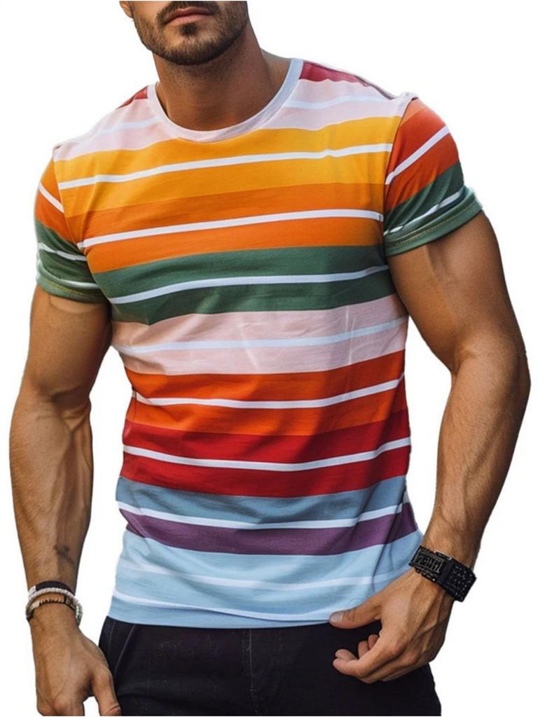 Men's T-Shirt Color Stripe Fashion Design 3D Printed Top Casual Daily Street Wear Summer Simple Short Sleeved Men's Y2k Clothing