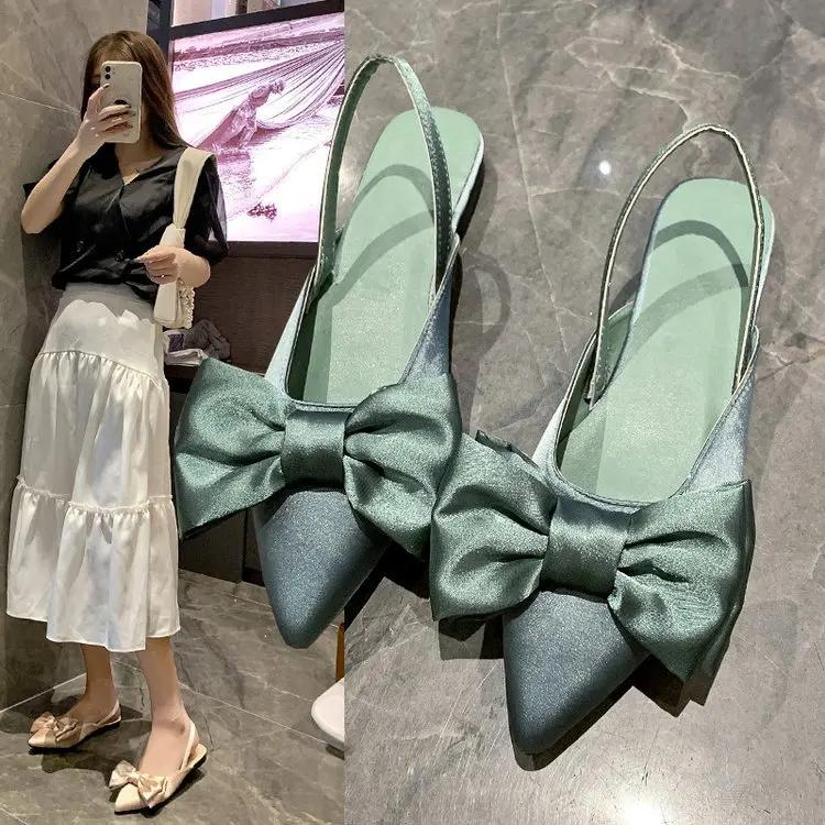 Fashion Women Baotou Sandals Fashion Bow-knot Low Heels Pumps Female Silk Sexy Pointed Sandalias De Mujer Women's Shoes 2025