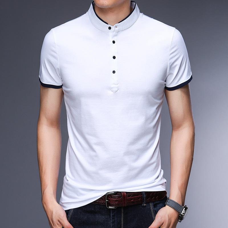 2025 Men's Slim-Fit Stand-Up Collar T-Shirt: Casual, Solid Color, Short-Sleeve, Versatile Cotton for Summer
