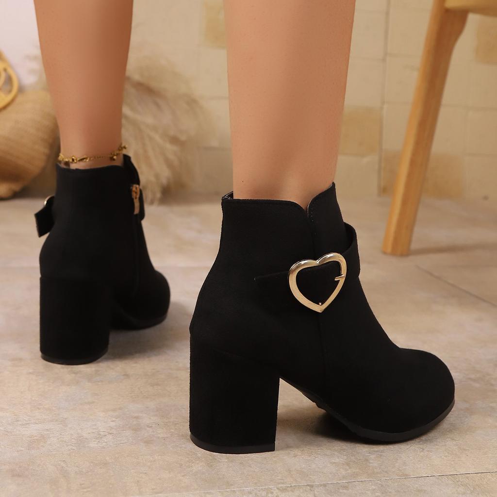 Fashion Women's Chunky Heeled Ankle Boots, Solid Color Side Zipper High Heels, Stylish Short Boots