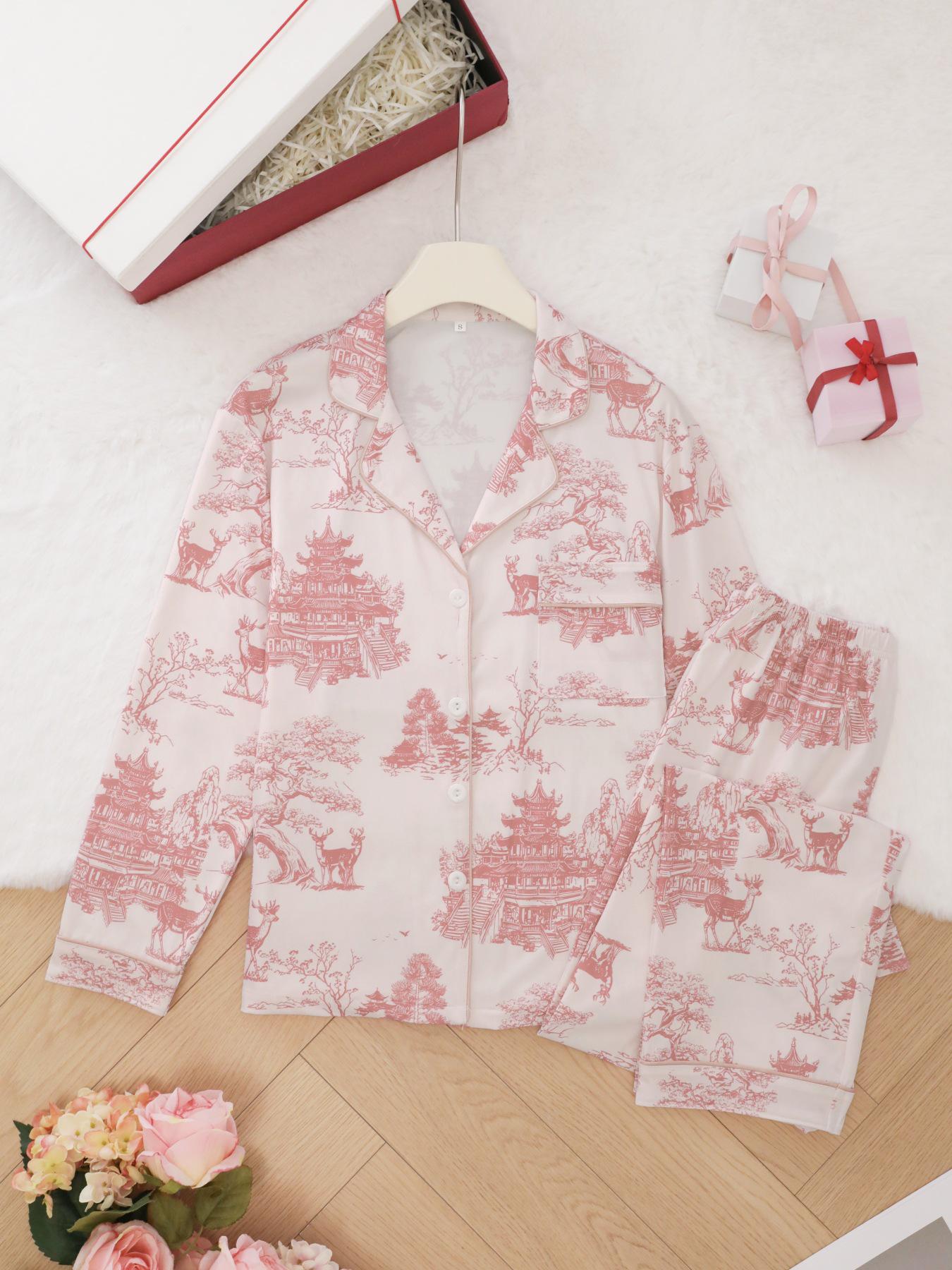 

Women s Summer Pajama Set with Printed Lapel Long Sleeves and Pants - Comfortable and Casual Extra Large