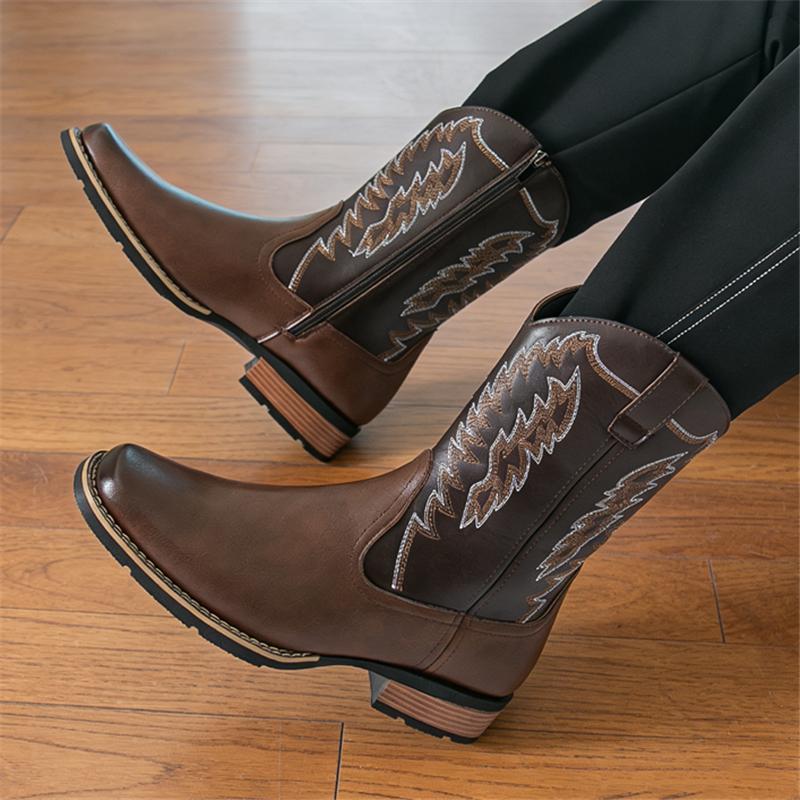 Luxury Fashion New Designer Men's Western Cowboy Boots Men's Patchwork Embroidery Mid-calf Leather Boot Casual Shoes for Men