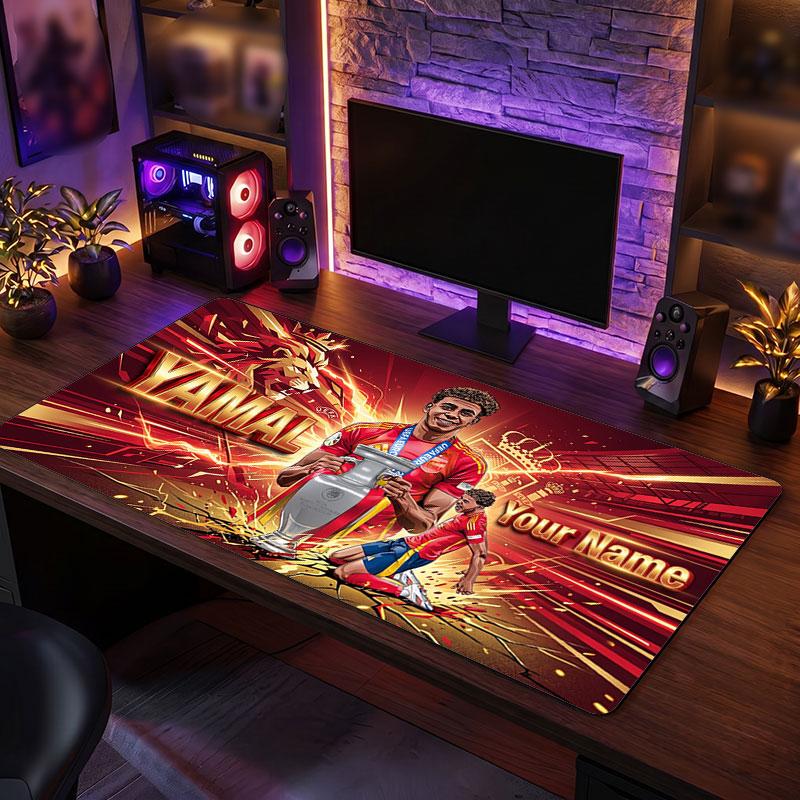 Tappetino per Mouse Grande Personalizzato Lamine Yamal, Stampa Testo Nome Personalizzato, Tappetino da Scrivania Antiscivolo con Logo Calcio, Regalo per Gamer