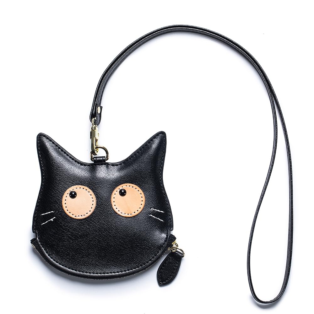 Yocipa Genuine Leather Cat Coin Purse, Women's Mini Wallet, Neck Pouch, Leather Coin Case, Multifunctional, Compact Neck Wallet with Strap, Cute