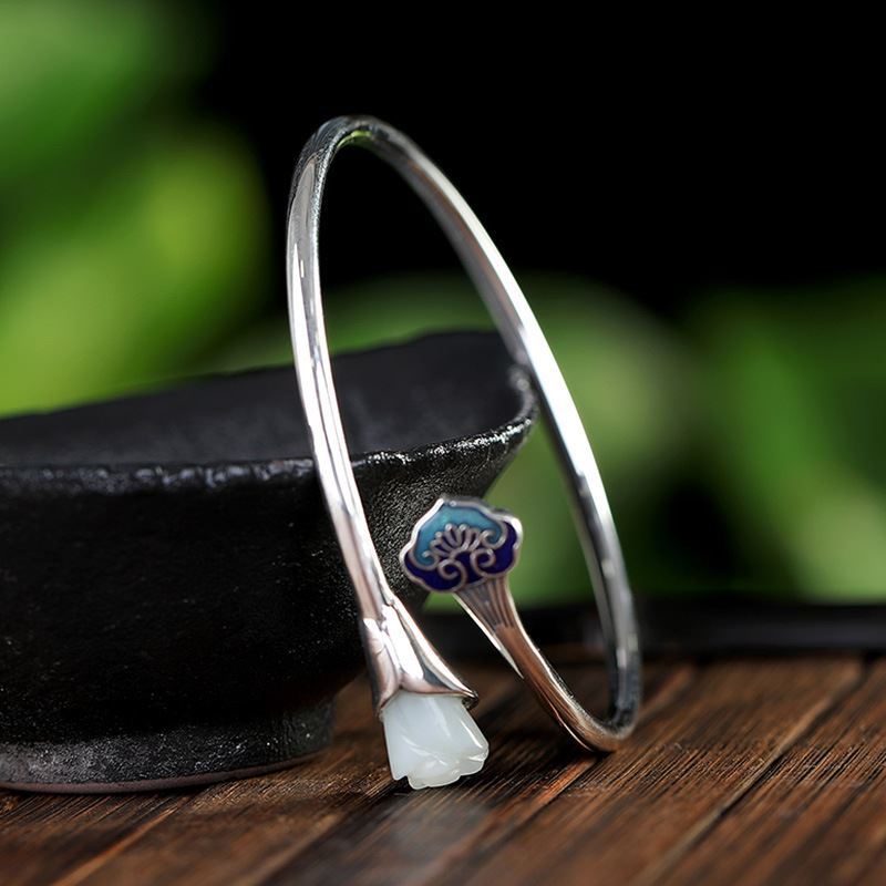 Original Retro Cloisonne Ruyi Auspicious Magnolia Temperament Female Burning Blue Enamel Bracelet Plated with 925 Silver Bracelet