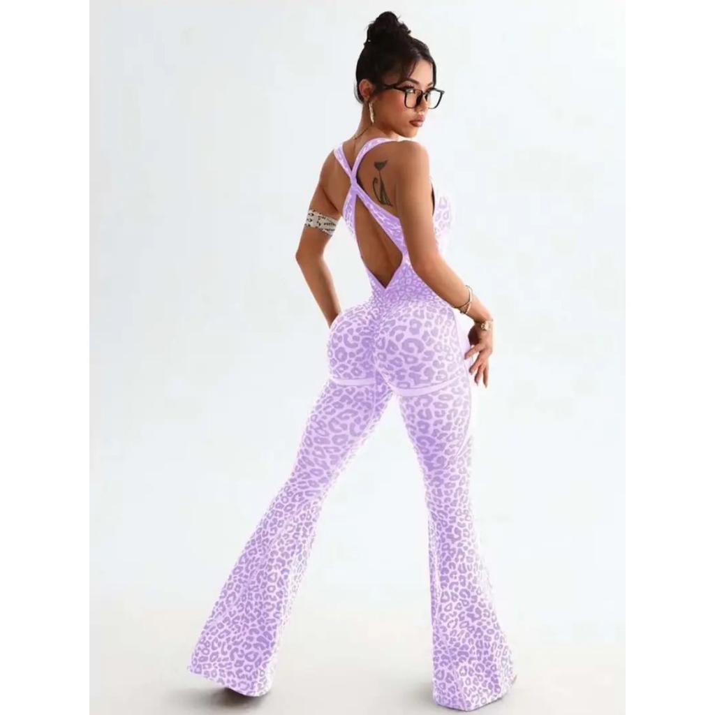 Neuer Jumpsuit mit Kreuzrücken und Leopardenmuster, ausgestellte Hosen, nahtlose Yogahose für den täglichen Gebrauch und Outdoor-Sportarten