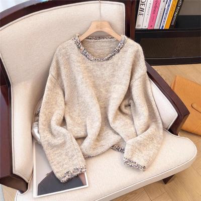 Le Comptoir a retiré l'étiquette de coupe de grande marque Pull pull à col rond rétro pour femme Printemps et Automne Style paresseux Haut tricoté ample pour femme