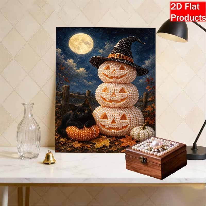 DIY Pearl Bead Art Canvas Witch Pumpkin Cat Pattern Frameless 3D Painting Kit for Bedroom Living Room Home Wall Decor Art