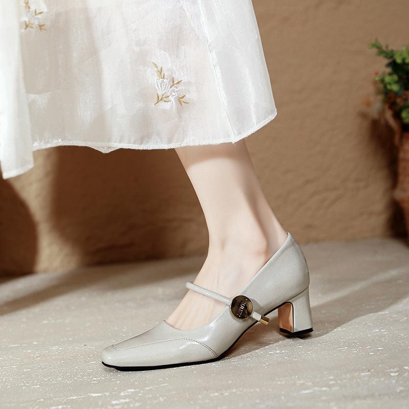 Square Head High Heels Thick Heels Are Not Tired Feet New Spring and Autumn Burgundy Light Mouth Single Shoes Splicing Word with Mary Jane Shoes