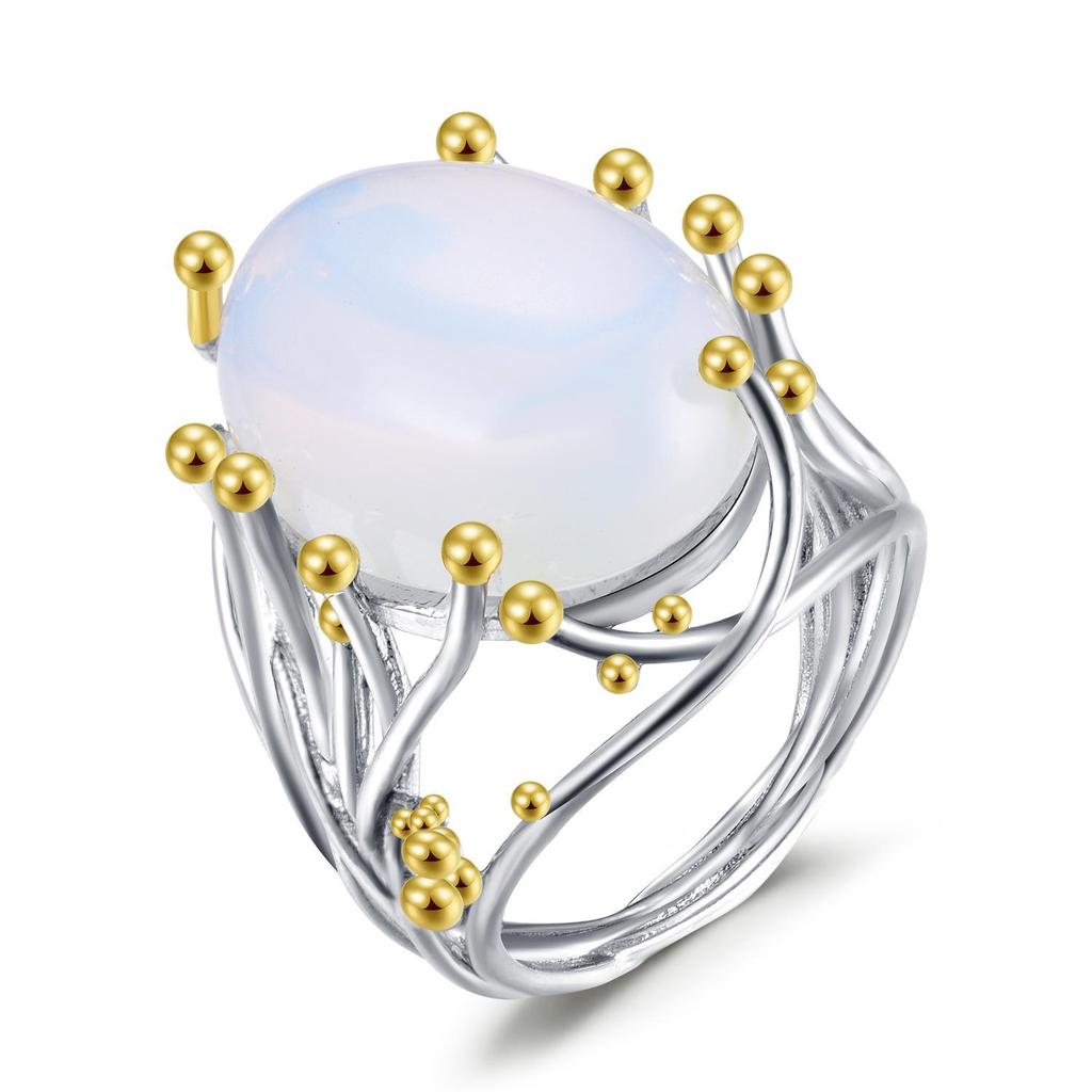 Zhenrong Women's Inlaid Moonstone-Imitation Ring, European & American Style, Plated 18K Gold Two-Tone Jewelry