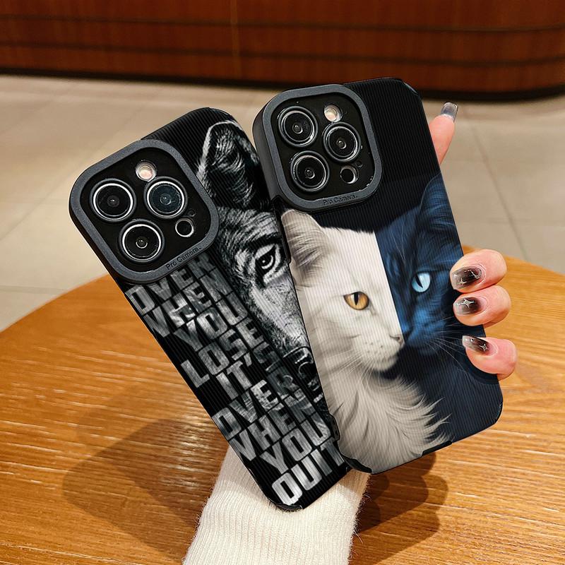 Handyhülle aus Leder mit vertikaler Maserung, Wolfskatze-Druck, weiches Silikon, Rückseite, mit vollem Kameraschutz für Samsung