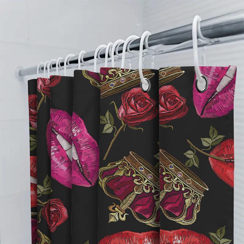 Luxury Crown Lipstick Rose Shower Curtain Bold Print Home Decor For Bathroom Waterproof Fabric With Hooks (Black)