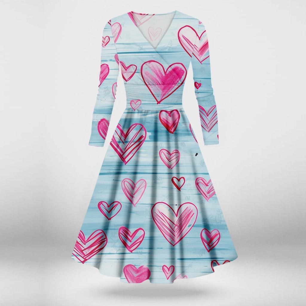 Women's Fashion Casual Valentine's Day Printed Long Sleeve V-Neck Sexy Dresses