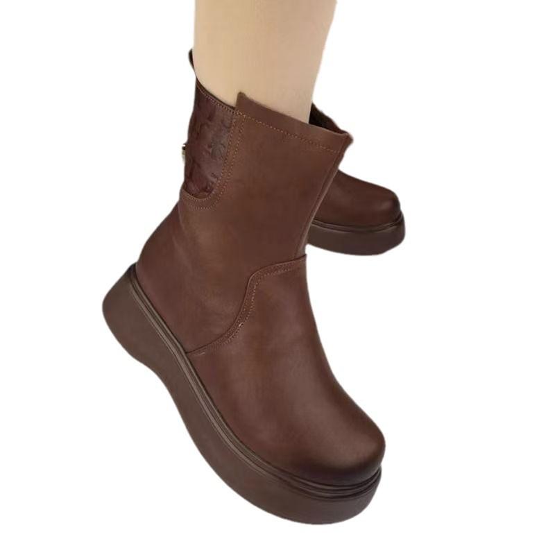 Retro velvet warm medium boots women's leather boots 2025 winter new thick-soled Martin boots waterproof warm cotton shoes women