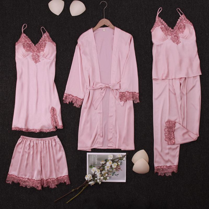Yao Ting Satin Chiffon Five-Piece Pajama Set: Ice Silk, Casual, Sexy, with Chest Pads for Spring/Summer